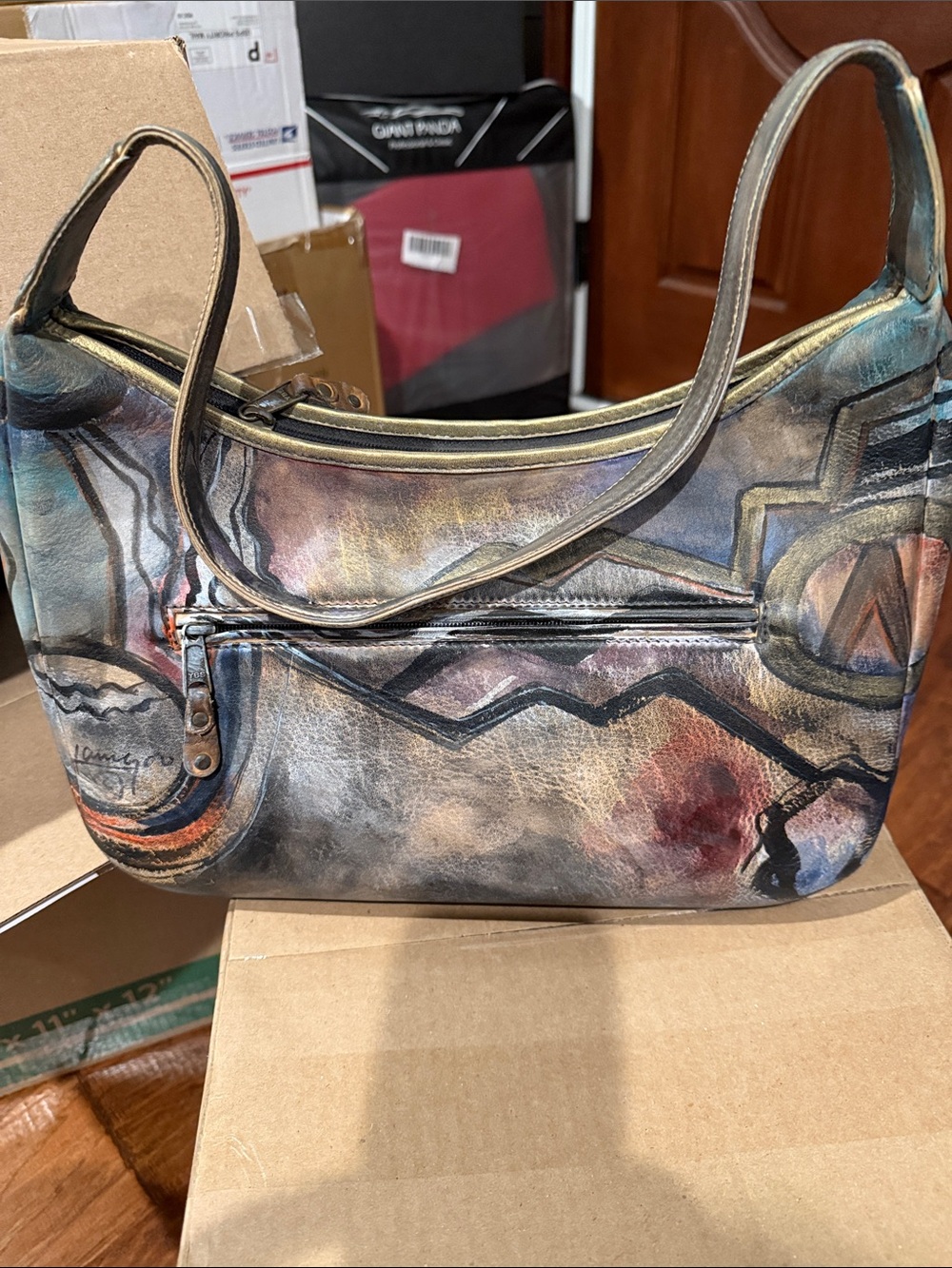 Jane Yoo Signed Hand-Painted Multi-Tone Leather Shoulder Bag by